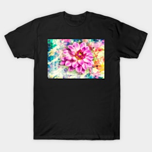 Pink dahlia with paint effect background T-Shirt